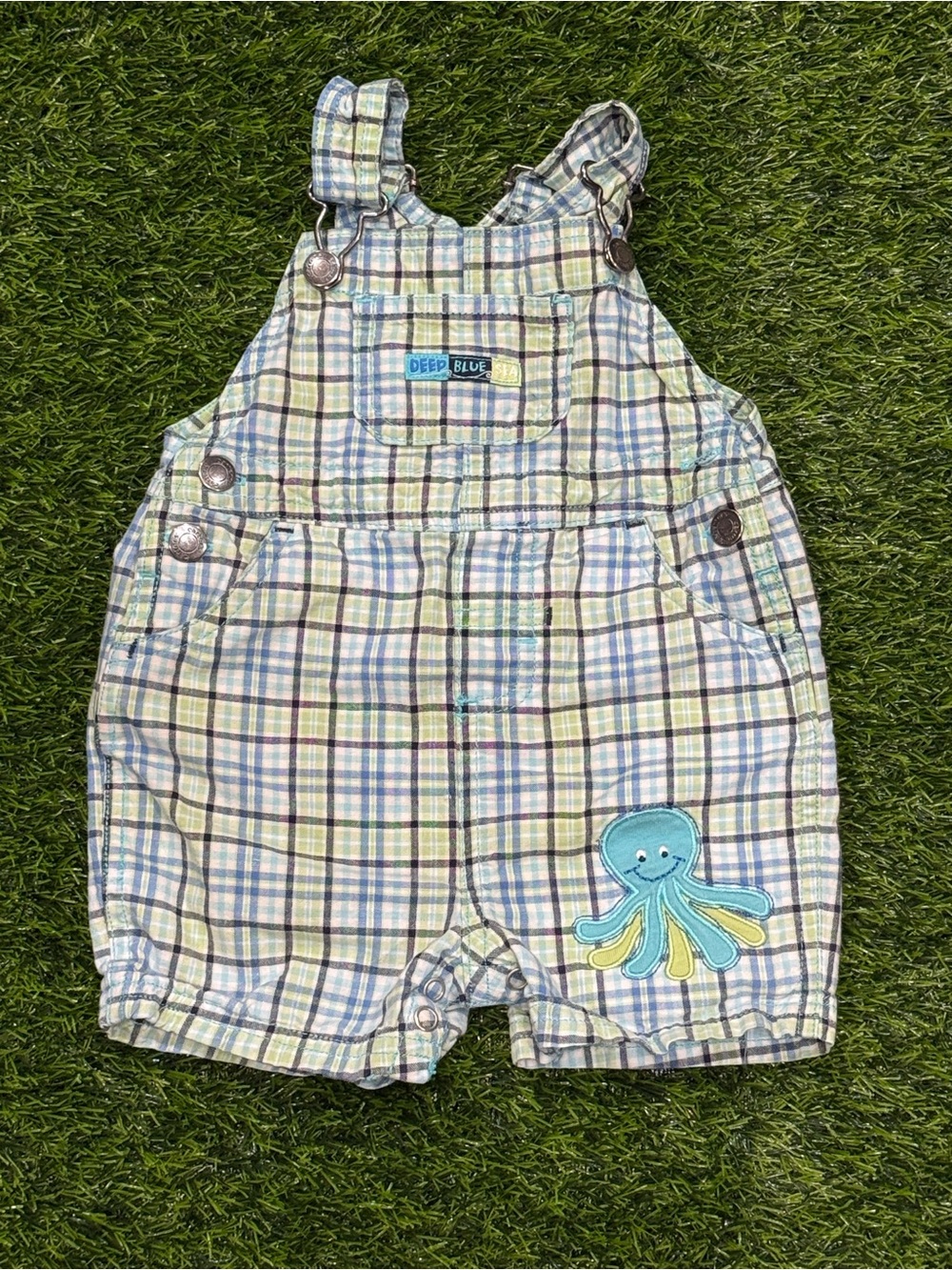 Carter's "Deep Blue Sea" Plaid Octopus Overalls / Shortalls 9 Months